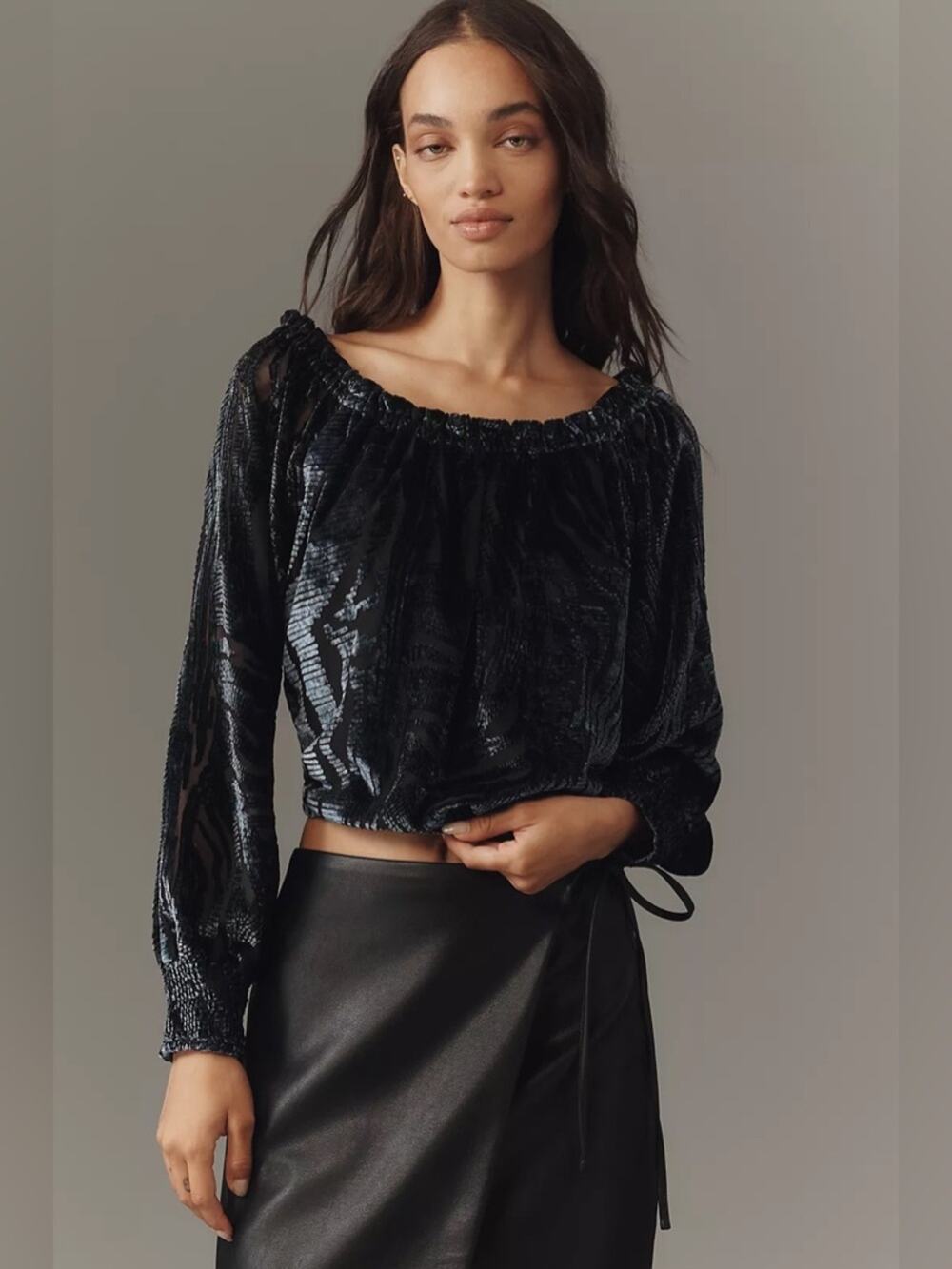 By Anthropologie Off-Shoulder Burnout Velvet Blouse Top